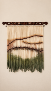 Handmade alpaca wool wall hanging in ivory brown and olive green with carved dark wood rod displayed in an organic modern interior