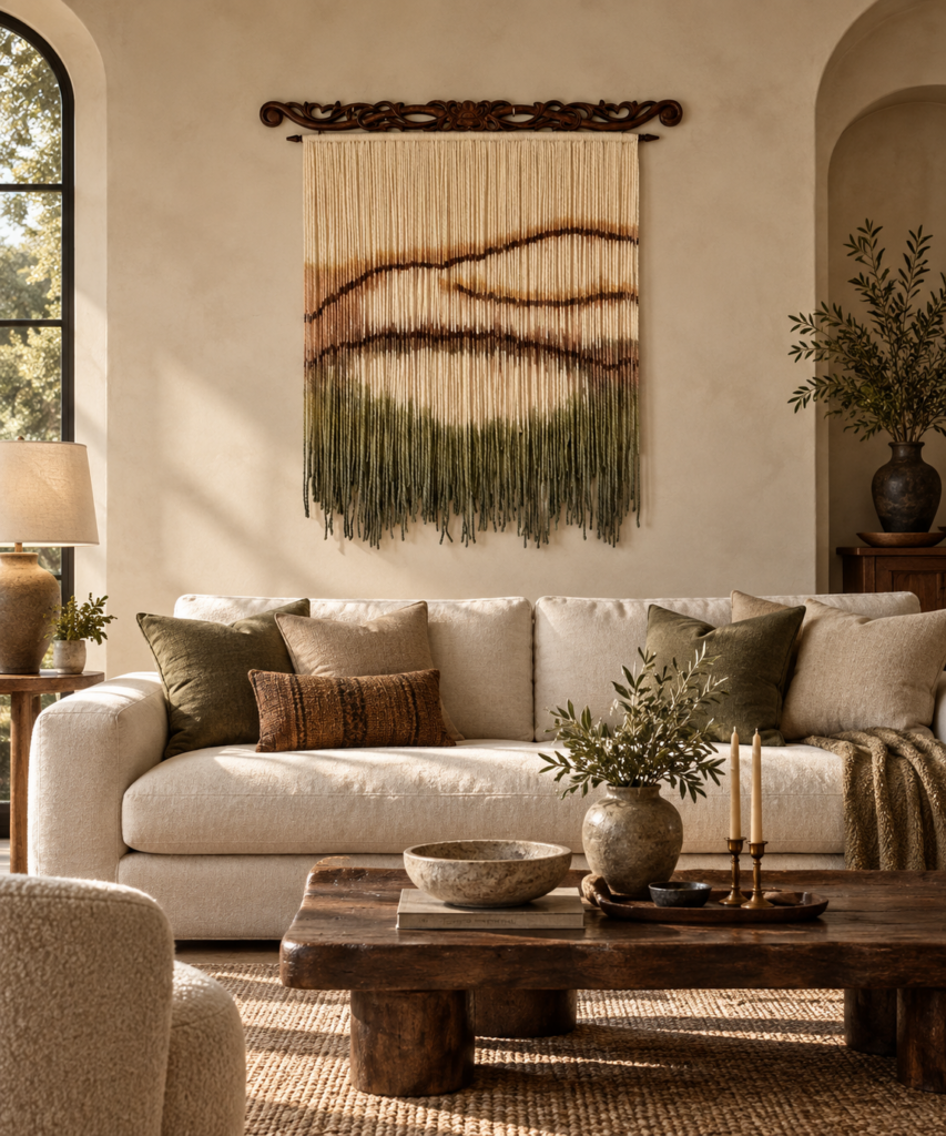 One of a kind alpaca wool fiber art wall hanging measuring 39 by 43 inches with carved wooden top