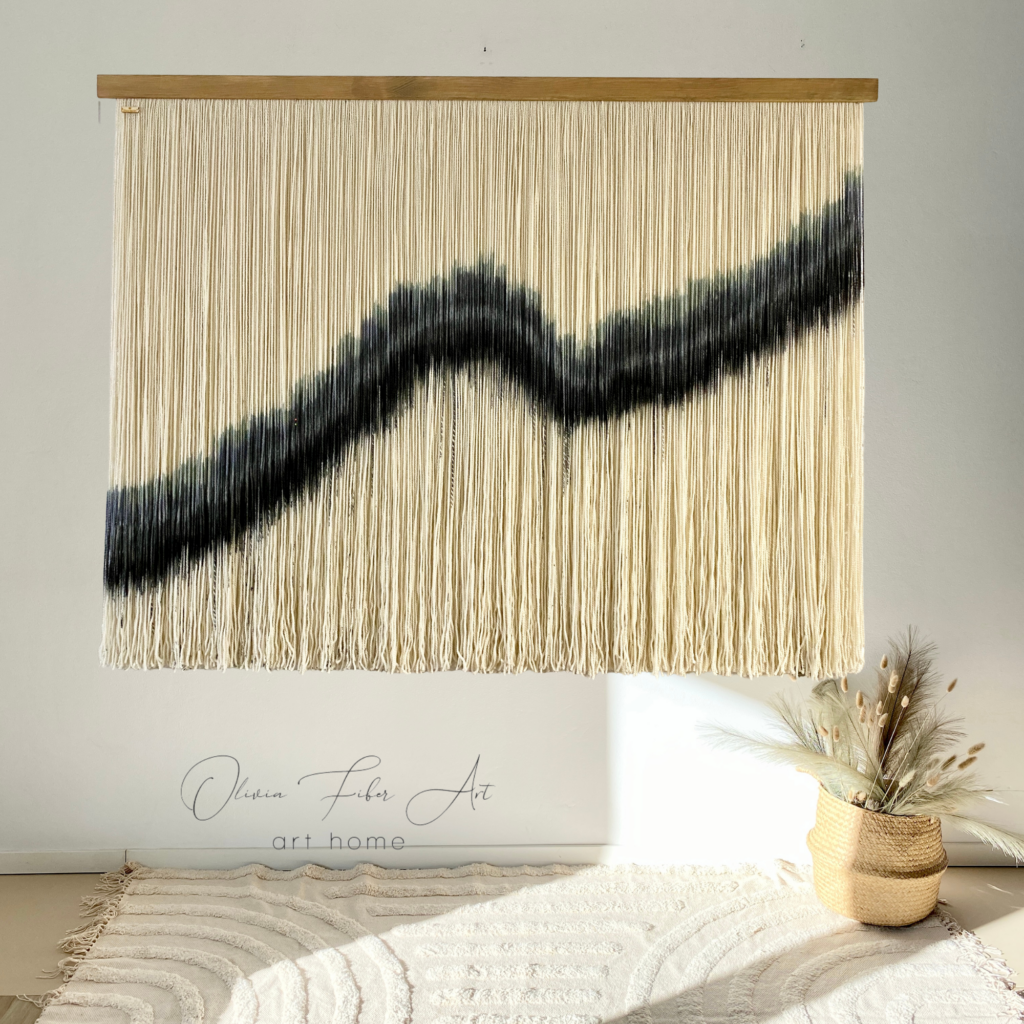 Large woven wall hanging, long tapestry wall hanging, oliviafiberart, living room wall decor, office wall decor, black abstract wall art, dip dye macrame wall art, dip dye tapestry