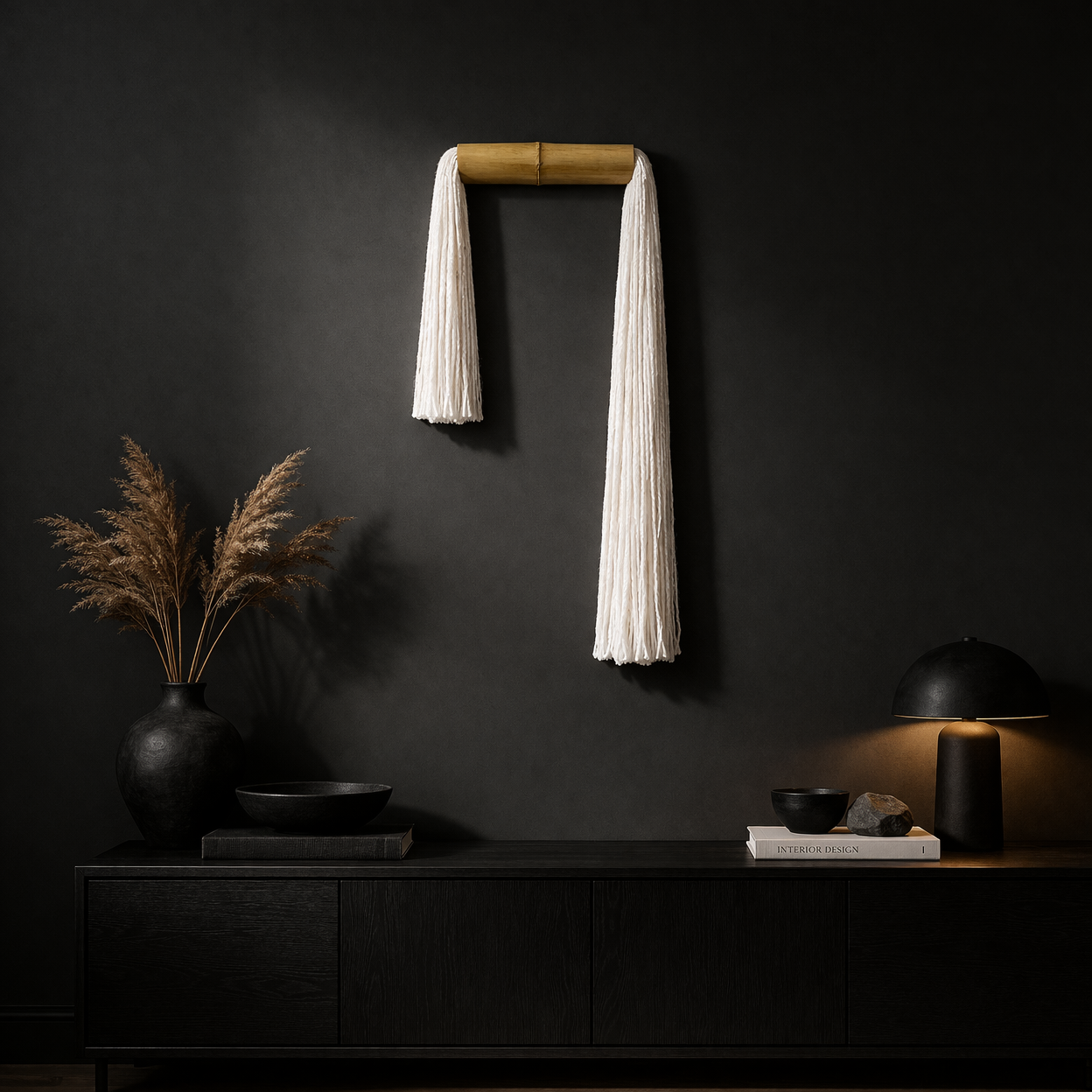 Minimalist Tassel Wall Hanging, Japandi Wall Decor, Neutral Fiber Art, Small Wall Sculpture, Modern Boho Decor, Bamboo Textile Art