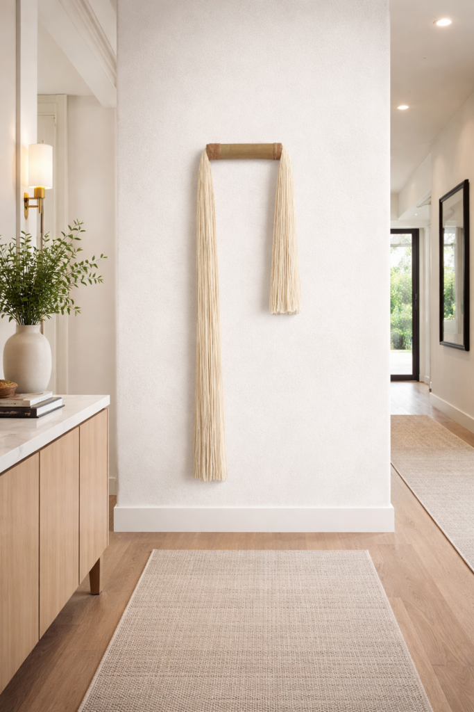 Modern fiber wall art with long tassels styled in neutral living room, organic modern home decor piece