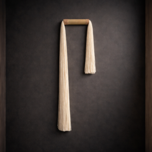 Minimalist tassel wall hanging on dark wall in modern living room, neutral fiber art, bamboo decor, luxury wall sculpture