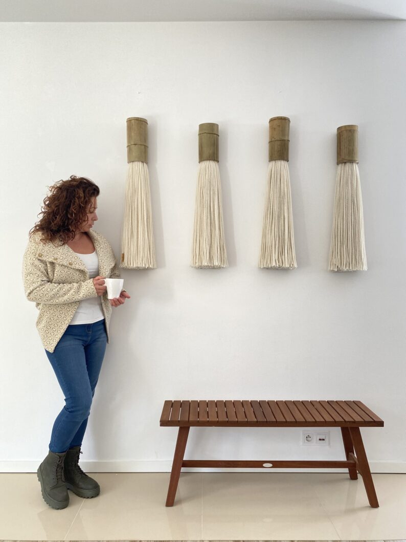 large bamboo fiber art wall installation modules in contemporary interior space