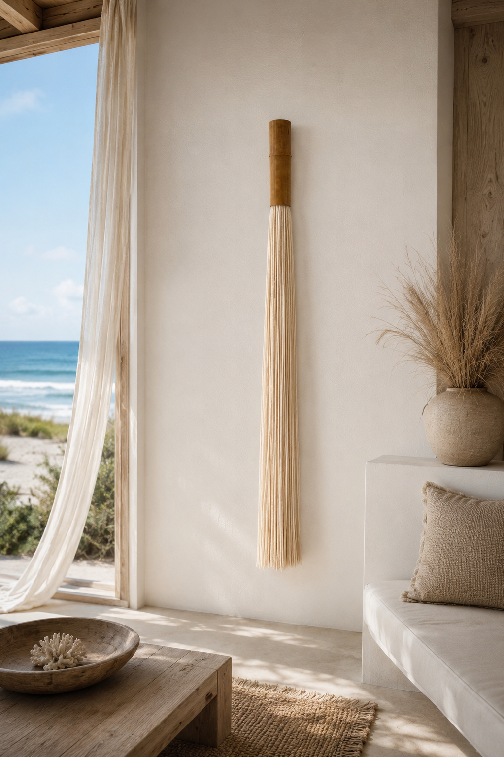 Handmade bamboo wall hanging with natural wool fibers in a coastal home, neutral organic wall decor