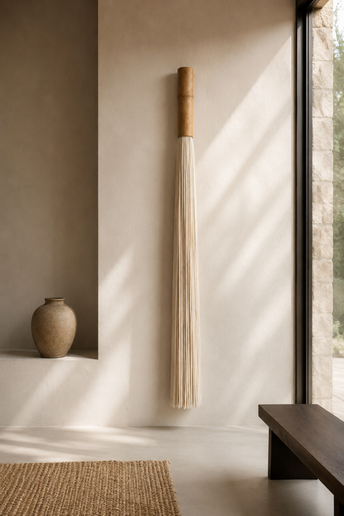 Handmade bamboo wall hanging with natural cream wool fibers displayed on a warm neutral wall in a minimalist modern interior, next to a large window and natural wood furniture.