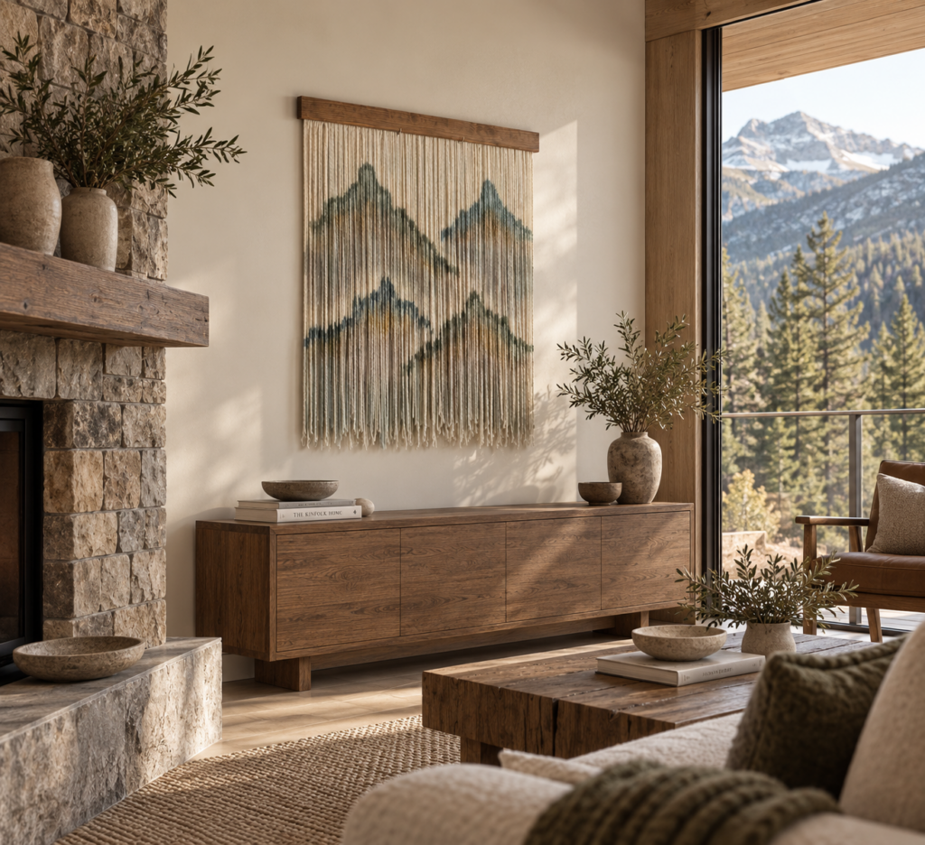 34 by 36 inch handmade mountain fiber wall art shown above a wood console