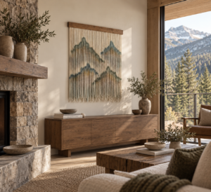 34 by 36 inch handmade mountain fiber wall art shown above a wood console