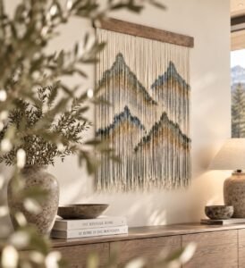 Alpaca fiber mountain wall hanging displayed on a warm cream wall in an organic modern interior