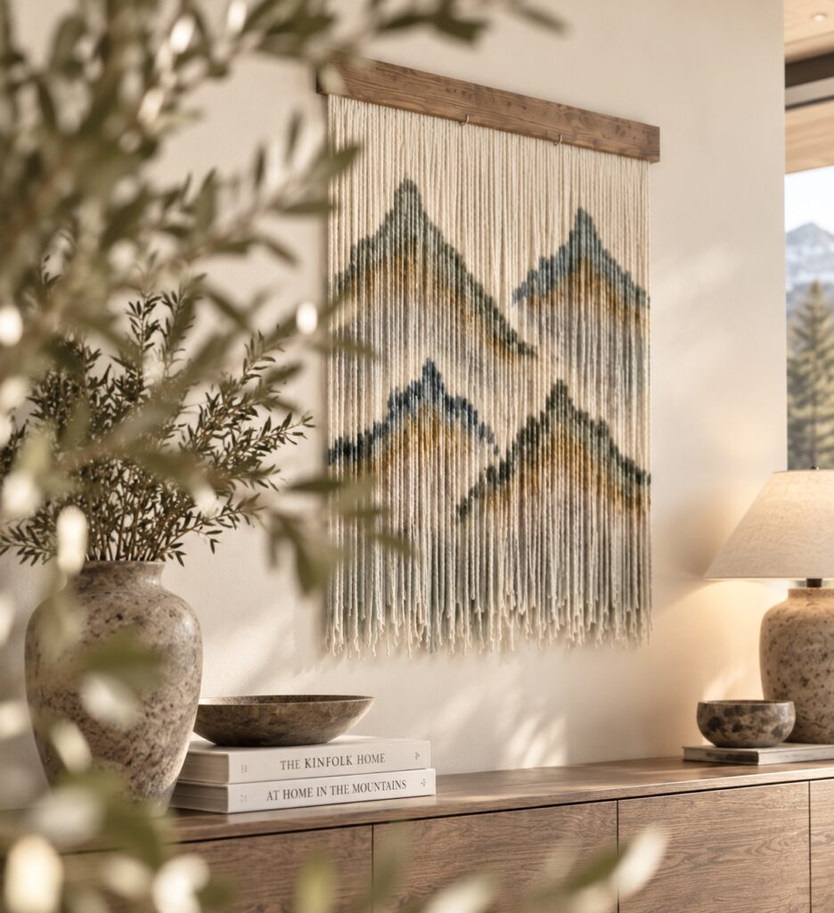Alpaca fiber mountain wall hanging displayed on a warm cream wall in an organic modern interior