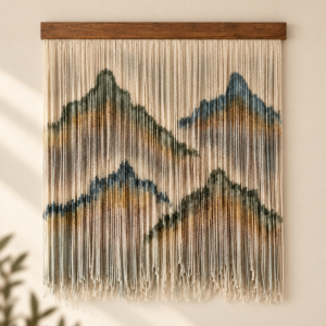 Handmade alpaca fiber wall art with an abstract mountain landscape in cream, olive, muted blue and earthy brown tones