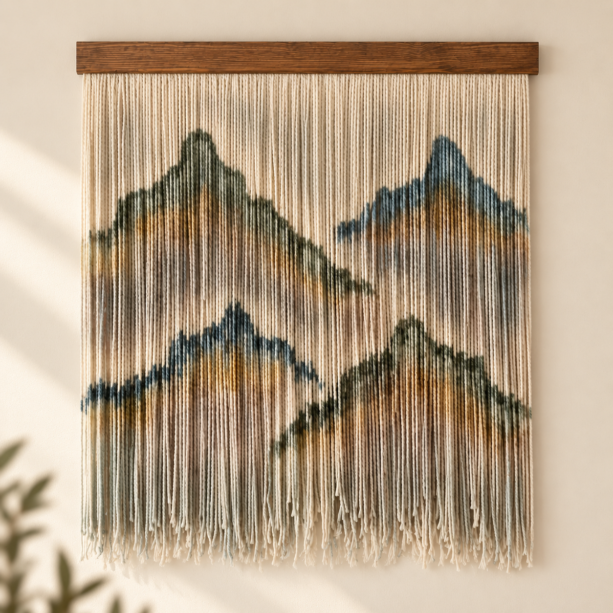 Handmade alpaca fiber wall art with an abstract mountain landscape in cream, olive, muted blue and earthy brown tones