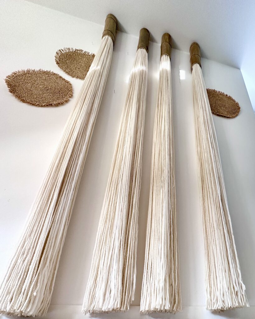 Single bamboo and wool fiber art wall module designed for custom interior installations in hotels and professional design projects