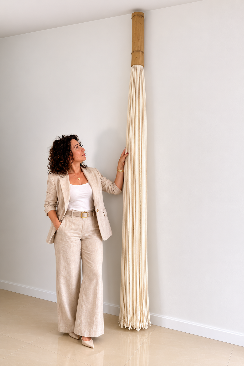Minimalist wool and bamboo wall hanging in natural cream color, extra long fiber art decor, handmade modern boho statement piece for neutral interior, Scandinavian style woven hanging, elegant vertical textile art for hallway or living room.