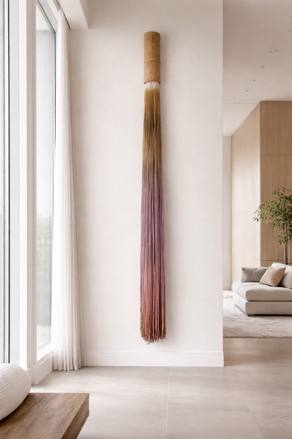 Large ombre fiber art wall hanging in modern double height living room with neutral sofa, high windows and natural light