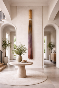 Contemporary fiber art wall sculpture in luxury entryway with arches, neutral tones and minimalist interior design