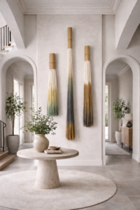 This set of 3 handmade bamboo and wool wall hangings features a soft ombre gradient, carefully dyed to create depth and a natural flow of color.