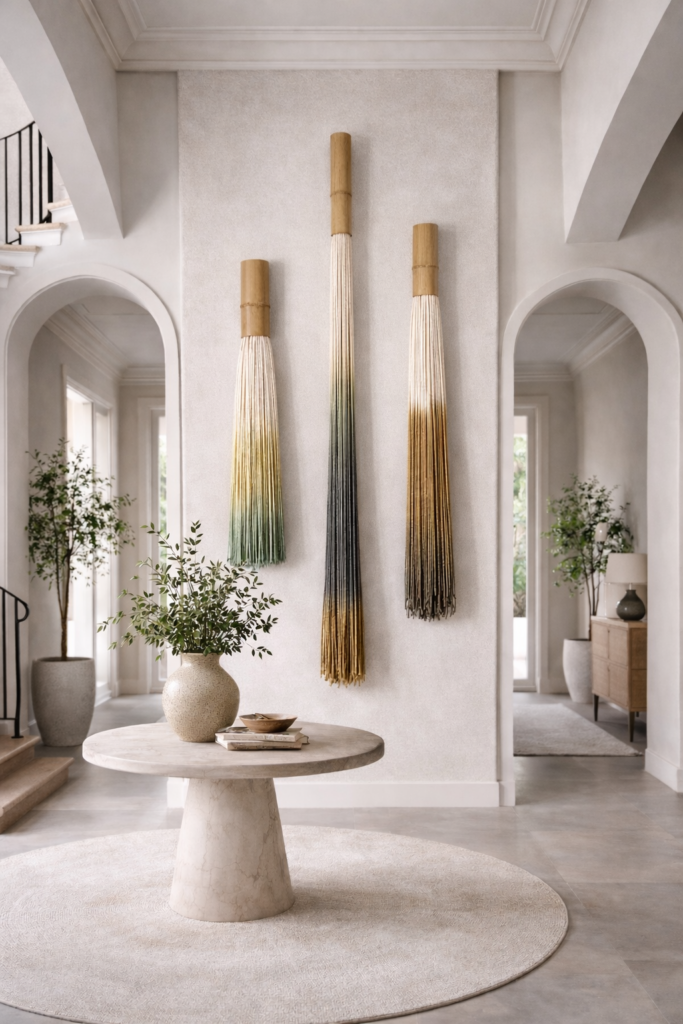 This set of 3 handmade bamboo and wool wall hangings features a soft ombre gradient, carefully dyed to create depth and a natural flow of color.