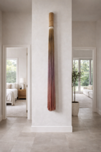 Modern fiber art wall hanging on staircase wall in luxury home interior with high ceilings and natural light