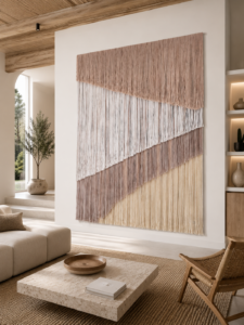 Oversized wool wall hanging in a modern luxury living room, one of a kind fiber art wall decor in neutral beige, cream and taupe tones, measuring 71 x 100 inches.