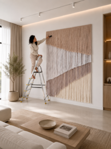 Woman standing on a ladder next to an oversized wool wall hanging, showing the scale of the extra large fiber art measuring 71 x 100 inches.