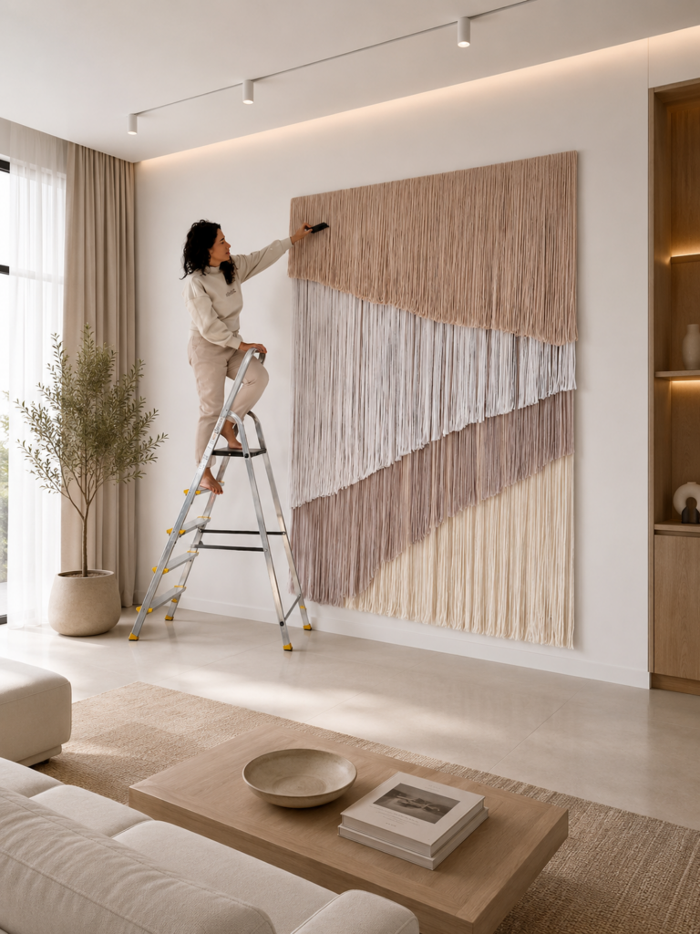 Woman standing on a ladder next to an oversized wool wall hanging, showing the scale of the extra large fiber art measuring 71 x 100 inches.