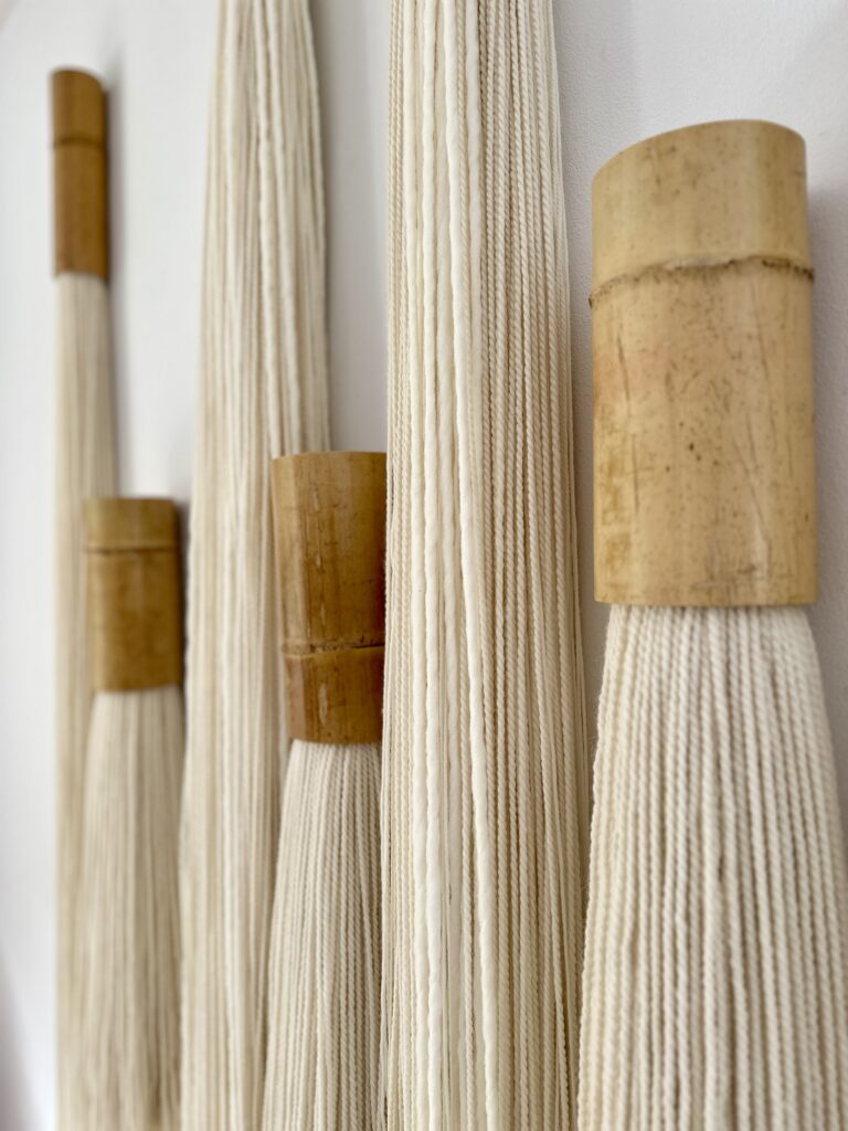handcrafted bamboo and wool fiber art installation detail