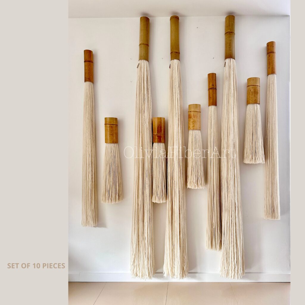 fiber art wall installation set made of bamboo and wool for hotel and interior design projects