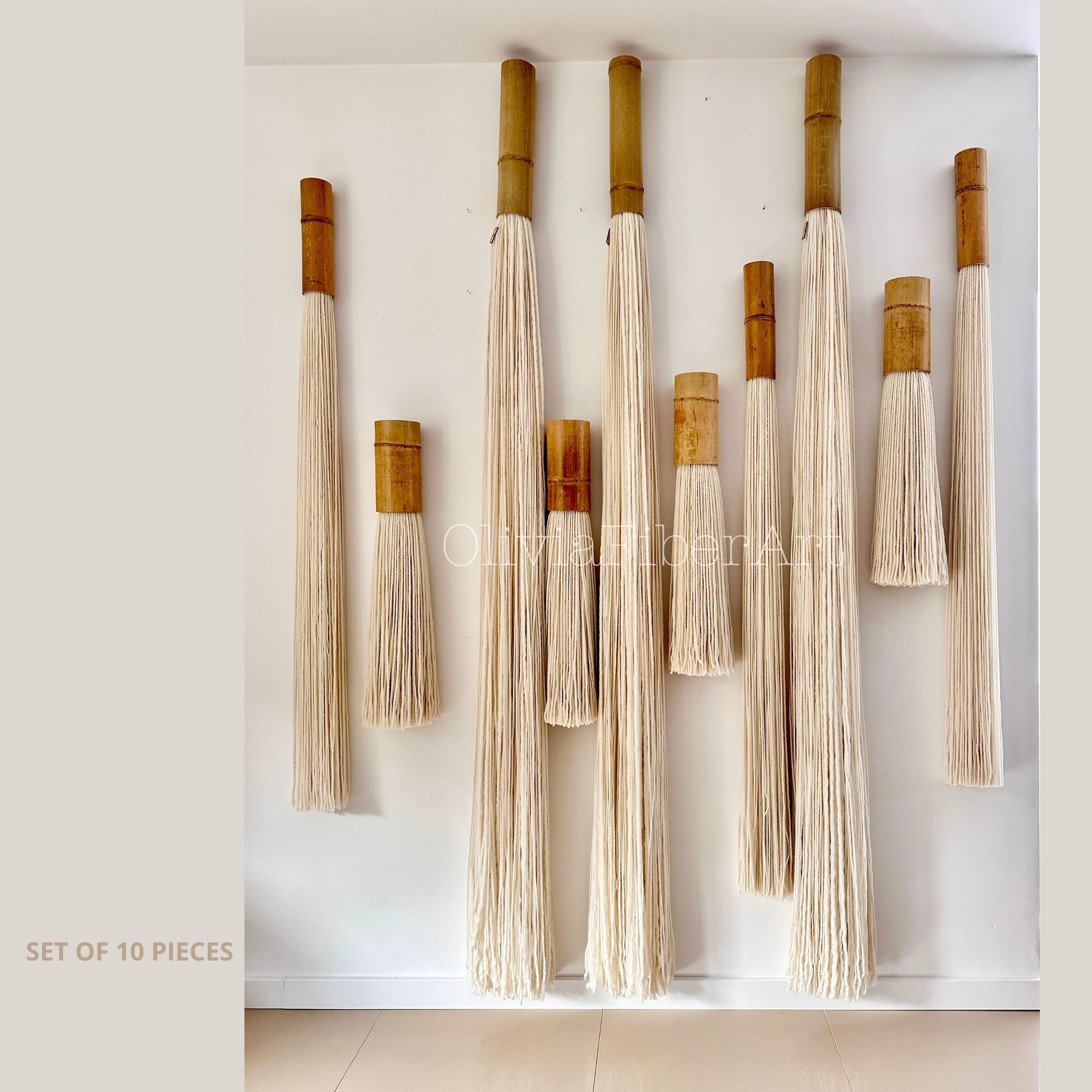 fiber art wall installation set made of bamboo and wool for hotel and interior design projects