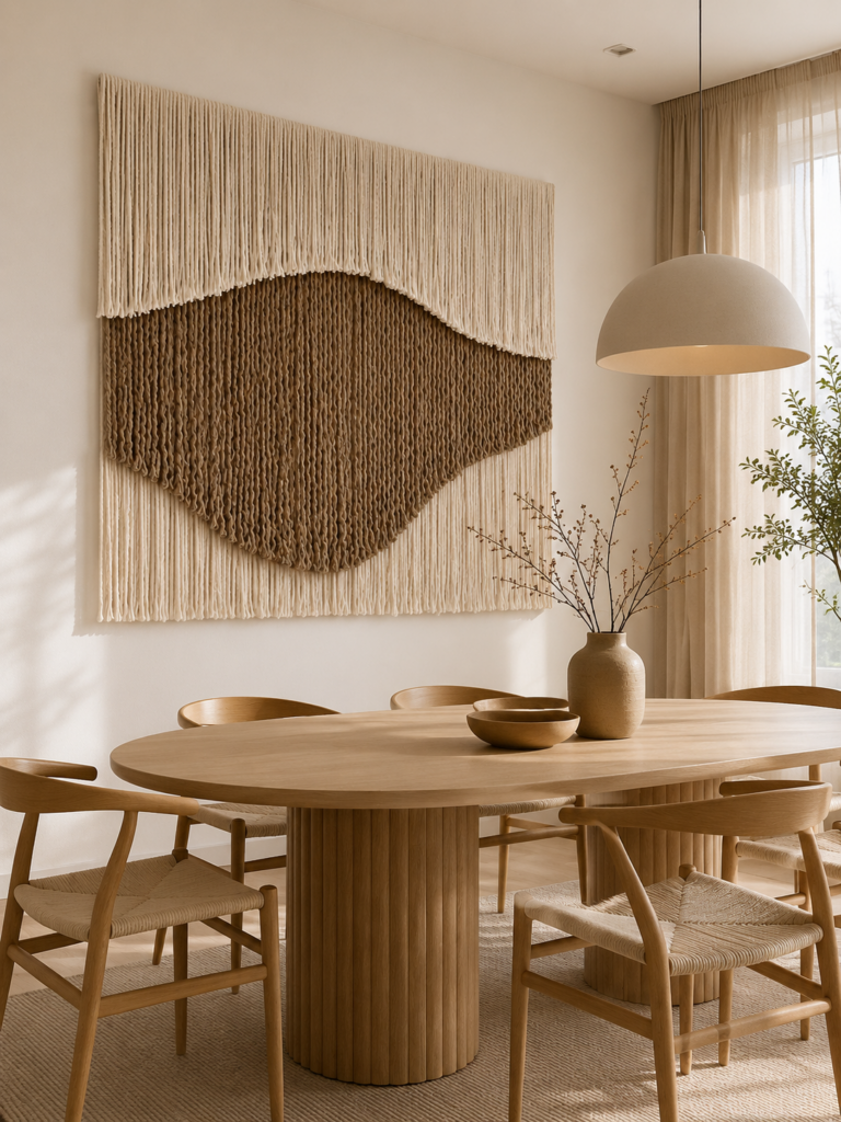 Large handmade fiber wall art made from natural wool and jute displayed above a wooden dining table in a modern neutral dining room. Oversized contemporary textile artwork in cream and beige tones.