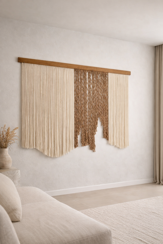 Large organic modern fiber wall art in minimalist interior, sculptural alpaca wool and natural jute textile, neutral statement wall decor for contemporary home.