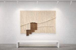 Hanko is a large sculptural fiber artwork created from natural alpaca wool, sheep wool and jute. Its layered composition creates a soft architectural landscape of fibers, where organic textures and calm neutral tones flow together to form a modern textile statement.