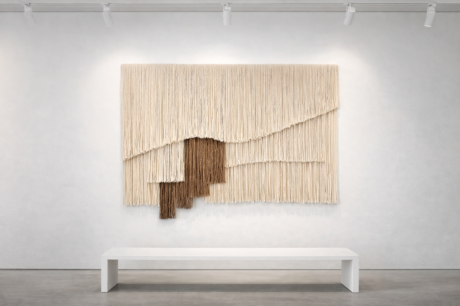 Hanko is a large sculptural fiber artwork created from natural alpaca wool, sheep wool and jute. Its layered composition creates a soft architectural landscape of fibers, where organic textures and calm neutral tones flow together to form a modern textile statement.
