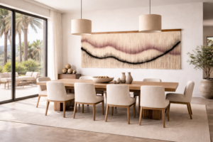 A truly oversized 108” hand-dyed wool wall hanging designed as a luxury statement piece for modern interiors. This one-of-a-kind fiber artwork transforms large walls into architectural focal points.