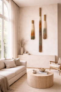 Extra long fiber art wall hanging set displayed above sofa in bright modern living room with large window, natural bamboo and hand-dyed wool