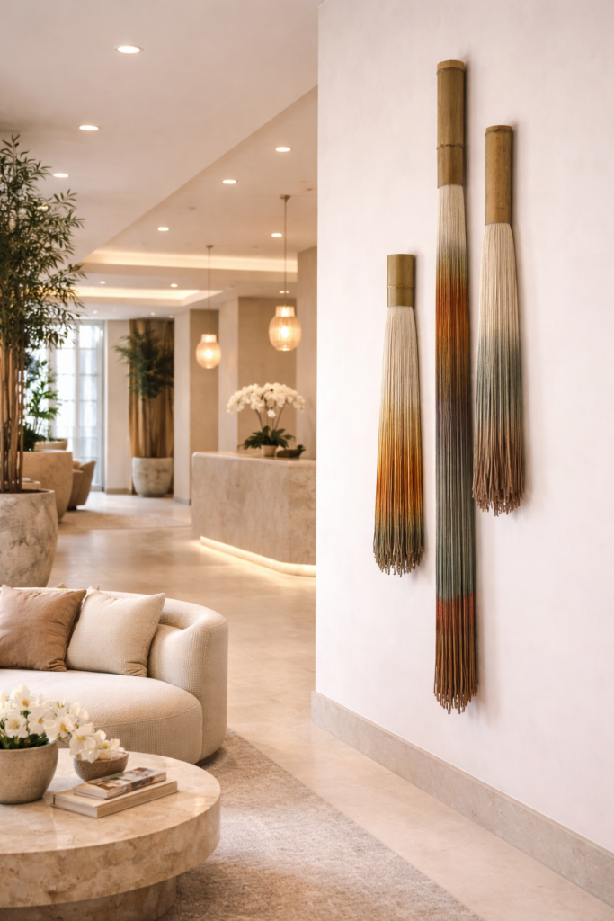 Luxury fiber art wall decor set of three in high-end interior, large statement textile installation with bamboo and ombre wool fibers