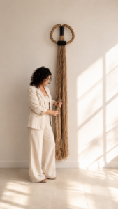 Handmade jute rope wall hanging with blackened metal details – modern XXL boho decor for living rooms, bedrooms, and premium interiors.