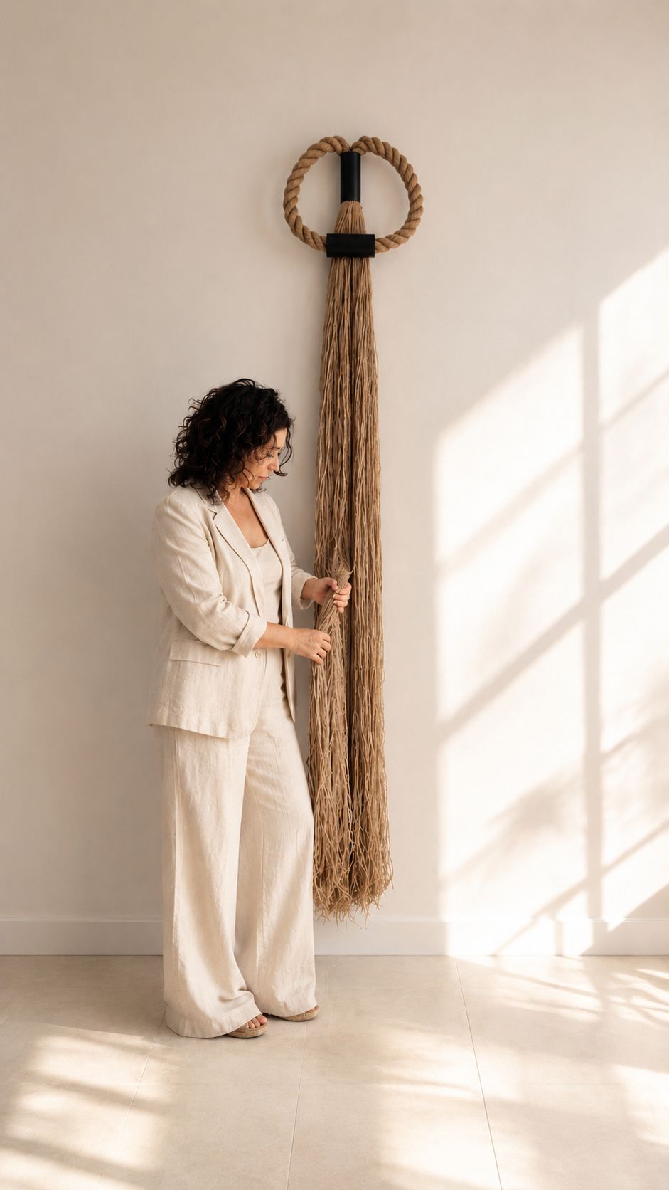 Handmade jute rope wall hanging with blackened metal details – modern XXL boho decor for living rooms, bedrooms, and premium interiors.