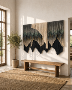 Large handwoven fiber art wall hanging made from alpaca and wool, layered hand-dyed textile tapestry in neutral earthy tones for modern organic interiors.