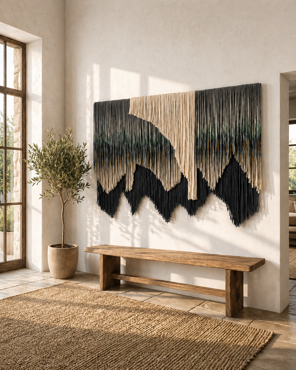 Large handwoven fiber art wall hanging made from alpaca and wool, layered hand-dyed textile tapestry in neutral earthy tones for modern organic interiors.