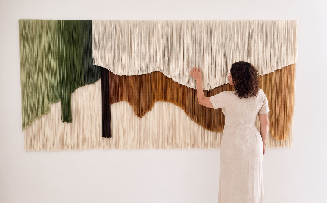 Large handwoven fiber art wall hanging made from hand-dyed alpaca and sheep wool displayed in a modern organic interior with woman standing beside the tapestry, luxury oversized textile wall decor in earthy neutral tones.