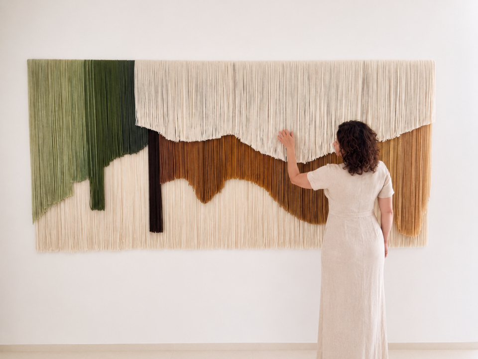 Large handwoven fiber art wall hanging made from hand-dyed alpaca and sheep wool displayed in a modern organic interior with woman standing beside the tapestry, luxury oversized textile wall decor in earthy neutral tones.