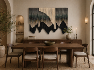 Luxury woven tapestry in cream, charcoal and earthy tones, oversized textile wall decor for organic modern, California modern and minimalist interiors.