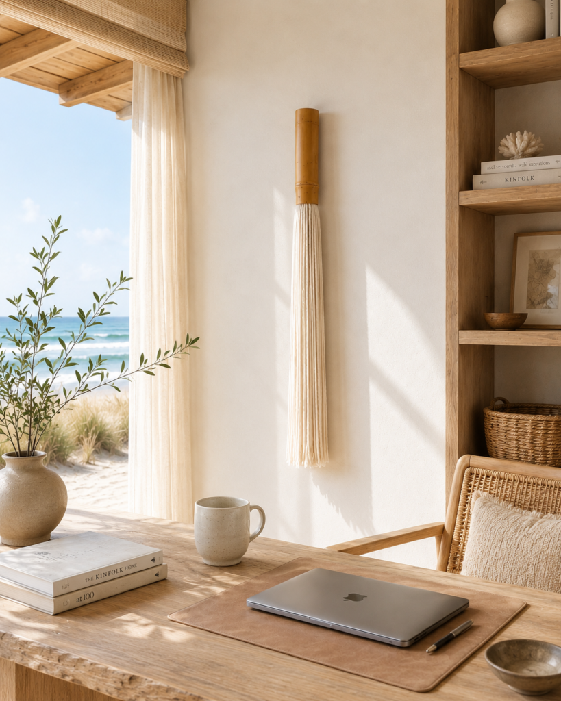 Handmade white wool and bamboo wall hanging displayed in a bright coastal interior, featuring natural bamboo and soft ivory wool fibers, perfect for beach house, coastal, boho and minimalist home decor.