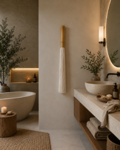Natural bamboo and wool wall art styled in a warm luxury spa inspired bathroom