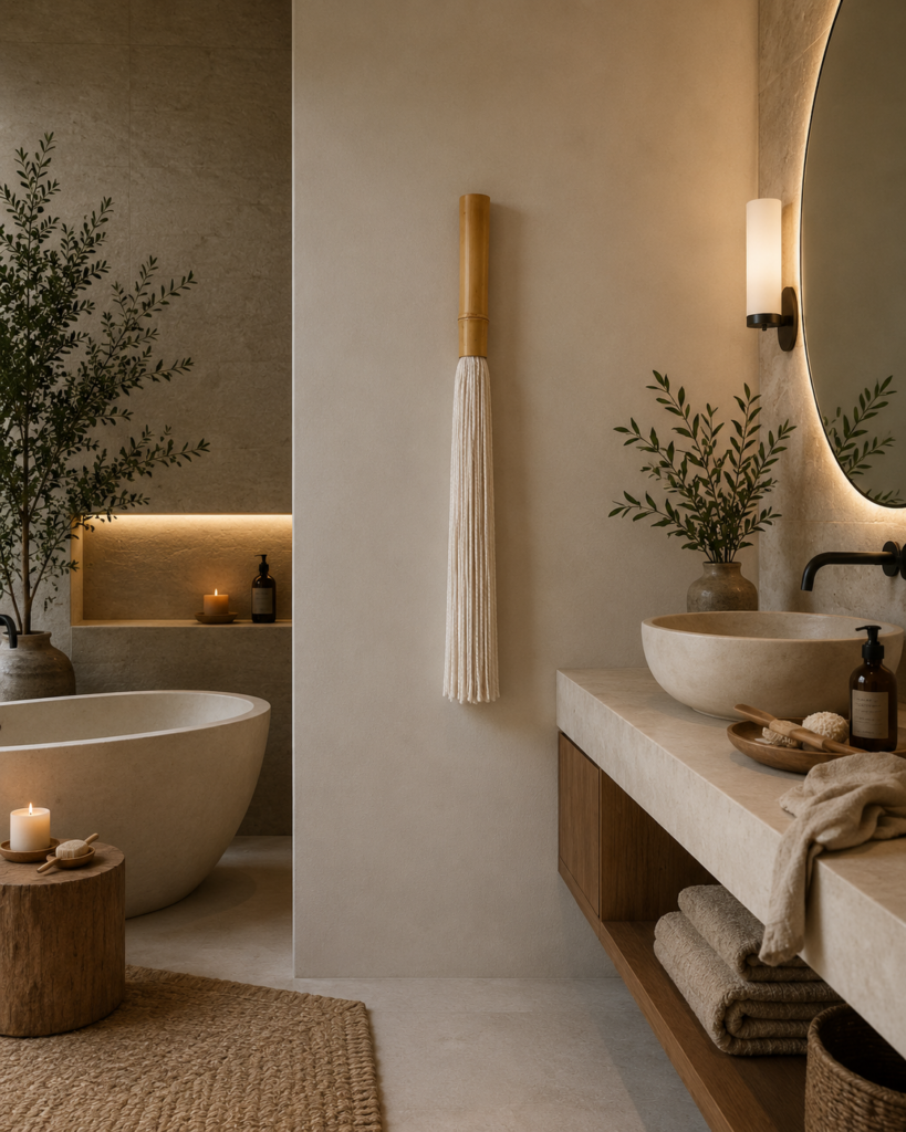 Natural bamboo and wool wall art styled in a warm luxury spa inspired bathroom