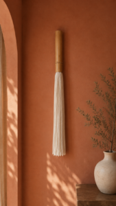 Natural white wool fibers and bamboo detail of a minimalist handmade wall hanging