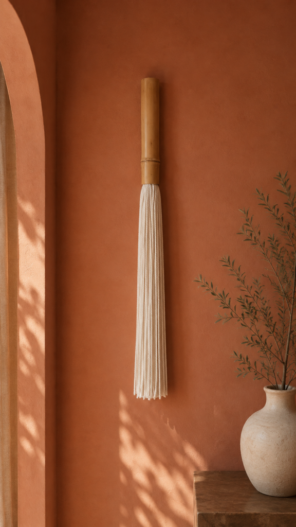 Natural white wool fibers and bamboo detail of a minimalist handmade wall hanging