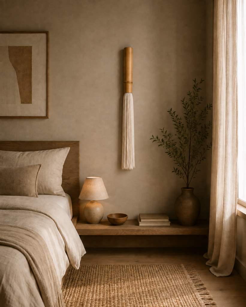 Natural bamboo and wool wall art styled on a warm neutral bedroom wall