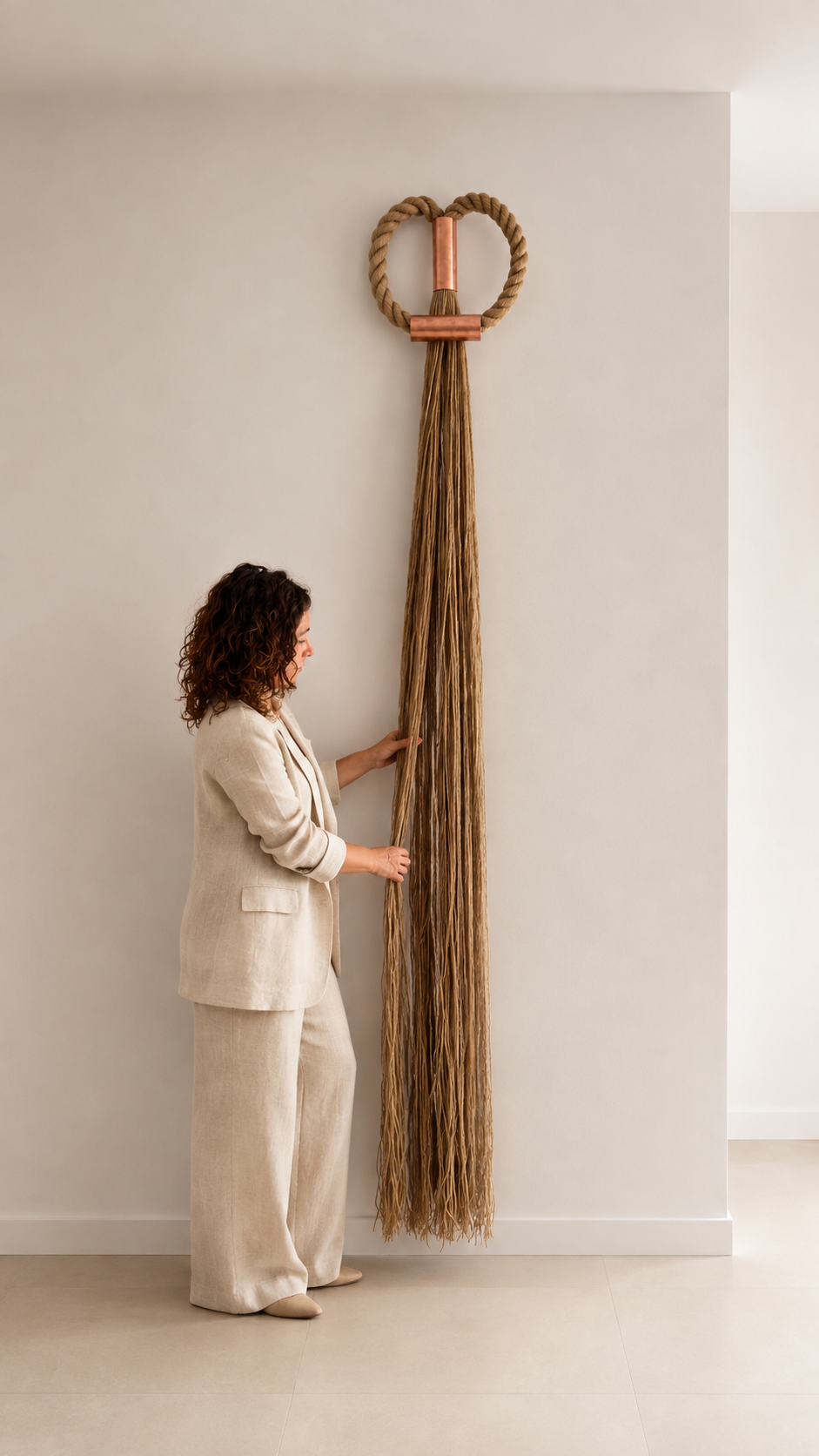 Handmade jute wall hanging with copper accents, shown with the artist, rustic boho wall decor for modern interiors.
