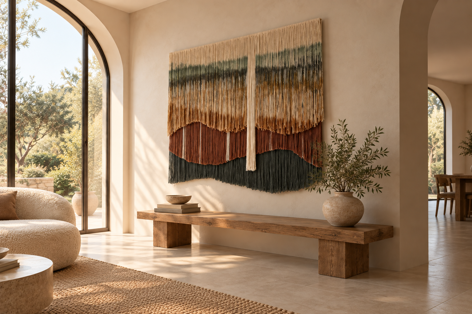 Large textile wall art in layered alpaca and sheep wool, showing flowing cream, moss green, dark almond, rust and deep green fibers.